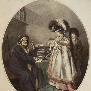 Credulous lady and astrologer, engraved by Pierre Simon (d. c. 1810) (colour litho)