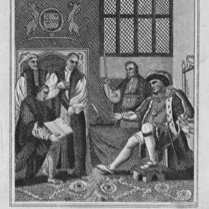 Cromwell presenting the translation of the Bible to Henry VIII (engraving)