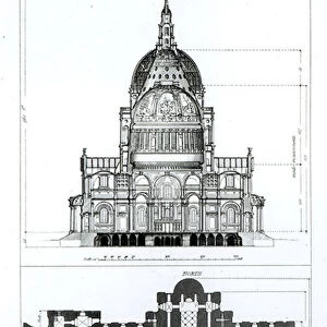 Cross section of St. Pauls Cathedral and plan of the vaults, engraved by C. J