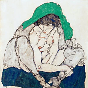 Crouching Woman with Green Headscarf - Schiele, Egon (1890-1918) - 1914 - Black chalk, Gouache on Paper - 47x31 - Leopold Museum, Vienna