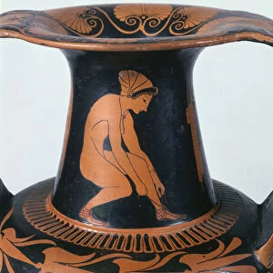 Crouching woman tying her sandal, detail from the neck of an Attic red-figure amphora