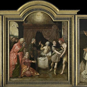 The Crucifixion (left wing), The Prophecy of the Recovery of Hezekiah (centre panel), Abbot Jacobus Delrio with Patron Saint (right wing) (oil on panel)