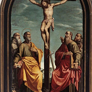 Crucifixion with Saint Peter, Paul, Romualdo and Francis (oil on canvas, 16th century)