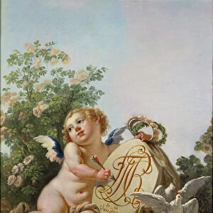 Cupid commemorating a marriage by Incising on a a Tablet the interlaced initials FT