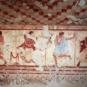 Dancers and musicians during a banquet. Frescoes of the Tomba del triclinium