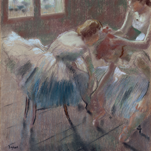 Three Dancers Preparing for Class, c. 1880 (pastel on buff-colored wove paper)