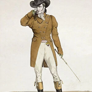 A Dandy dressed in a boat-shaped hat, a dun-coloured jacket and buckskin breeches