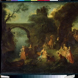 Danse pres de la riviere (Dance at the river). Peinture de Pierre-Antoine Quillard (Pierre Antoine Quillard, 1701-1733). Huile sur toile. Art francais, style rococo. Musee de l Ermitage, Saint Petersbourg