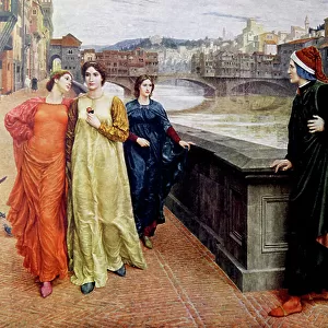 Dante Alighieri meeting his muse Beatrice Portinari in Firenze, 19th century (print)