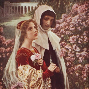 Dante and Beatrice in the garden (colour litho)