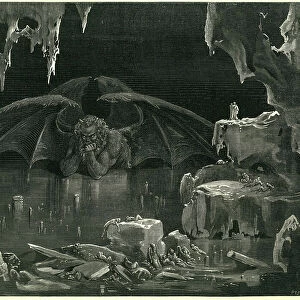 Dante and Virgil meet Lucifer, the dechu angel, the King of Hell who beats the damns. Engraving from The Hell by Dante Alighieri (the Divine Comedie) illustrated by Gustave Dore. French edition of 1861. " Ecco, Dite