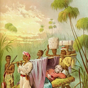 David Livingstone being carried The Last Mile to die at his African home in Ujiji, Tanganyika, Tanzania, Africa in 1873. From The Life and Explorations of Dr. Livingstone published c. 1875
