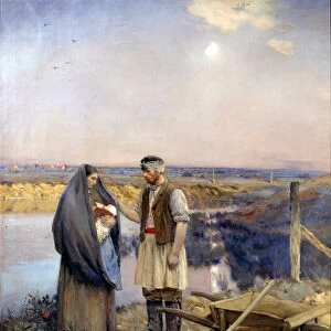 The day made a peasant family. Painting by Jean Charles Cazin (1841-1901) Sun