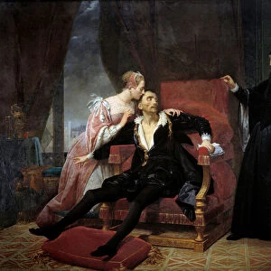 The death of King Charles IX (1550-1574) The king died of pneumonia at the castle of Vincennes, to the right his mother Catherine de Medicis (Caterina de Medici). Painting by Charles Monvoisin (1790-1870) 1834 Sun