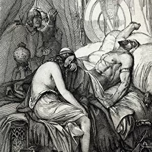 The death of the king of the huns Attila (395-453) during his sleep on his wedding night with the germaine Ildico, 453 (Death of Attila, ruler of the huns on his wedding night, her bride Ildico weeps over his body)