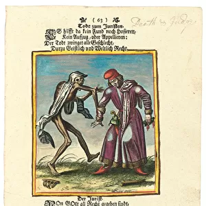 Death and the Lawyer, c. 1700-1725 (hand-coloured engraving)