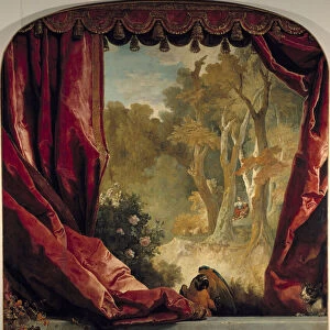 Decorative composition with curtains, landscape and animals Painting by Nicolas de