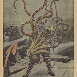 A deep sea diver attacked by an octopus in Toulon harbour (colour litho)