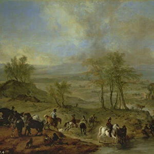 Departing for the hunt and fishing in the river (oil on canvas)