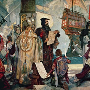 Departure for the Cape, King Manuel I of Portugal blessing Vasco da Gama
