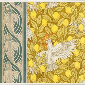 Design for Wallpaper "Cockatoos with Lemons"and Wallpaper Border with "Flying Fish", from L Animal dans la Decoration by Maurice Pillard Verneuil, pub. 1897 (colour lithograph)