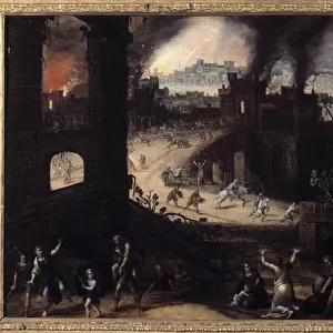 The Destruction of Troy Painting by Pieter Schoubroeck (1570-1607) 17th century Besancon