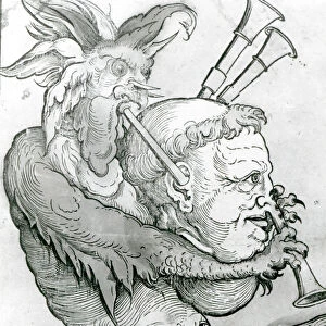 Devil Playing Mans Head as Bagpipes, 1144 (woodcut print) (b / w photo)