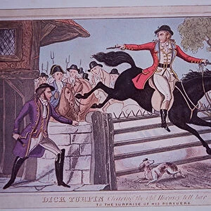 Dick Turpin jumping Hornsey toll bar gate on his horse Black Bess (coloured engraving)