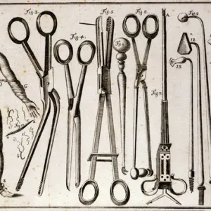 Different types of forceps and surgical instruments. A man wearing different kinds of
