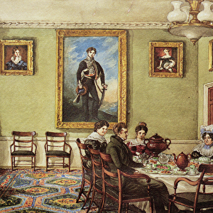 Dining room at Langton Hall, family at breakfast, c. 1832-3