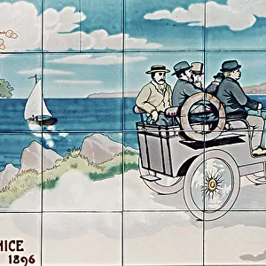 A De Dion break competing in the Marseille to Nice race of 1896: ceramic tiles manufactured by Gilardoni Fils et Cie of Paris, after a drawing by Ernest Montaut (1878-1909), 1908-10 (ceramic tiles)
