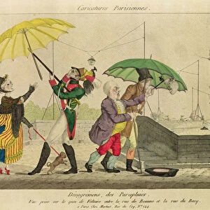 Disagreements over Umbrellas, from Caricatures Parisiennes (colour litho)