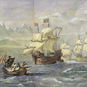 The Discovery of the Strait of Magellan (coloured engraving)
