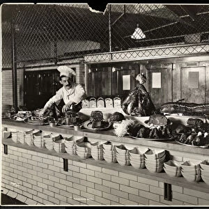 Display of cold meat in the kitchen of the Commodore Hotel, 1919 (silver gelatin print)
