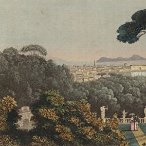 Distant view of Naples, Italy (coloured engraving)