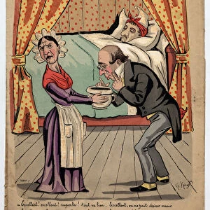 A doctor looks a little too enthusiastic about the excrement of a patient lying in bed
