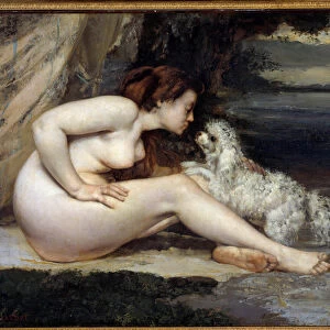 Dog naked woman. Portrait of Leontine Renaude. Painting by Gustave Courbet (1819-1877)