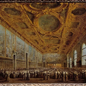 The Doge of Venice thanks the Major Council. The scene takes place at the Doge
