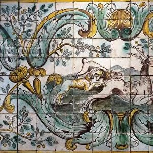Dogs hunting a deer - Detail of a decorative tile panel from the hunting room of