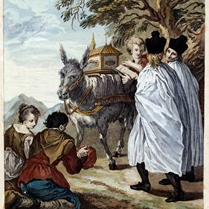 Donkey bearing relics. Illustration for the fable by Jean de La Fontaine