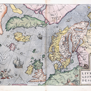 Double-page map of Northern Europe, 1575 (colour engraving)