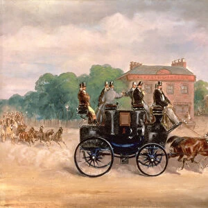 Drags of the Four-in-Hand Club passing Five Bells Tavern, New Cross (oil on canvas)
