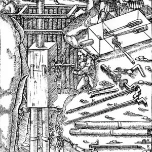 Ein Bergwerk entwässern mit einem Duplex-Saugpumpe, 1556 (Holzschnittstich). Ein Bergwerk entwässern mit einem Duplex-Saugpumpe, 1556 (Holzschnittstich).
