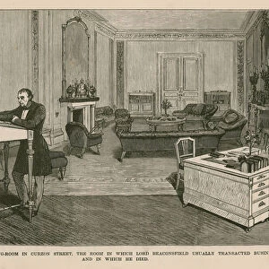 The back drawing-room in Curzon Street, London. The room in which Lord Beaconsfield usually transacted business and in which he died (engraving)