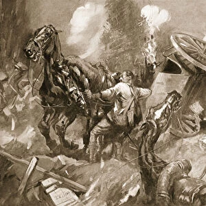 Driver Tanser extricating horses under heavy shell-fire (litho)