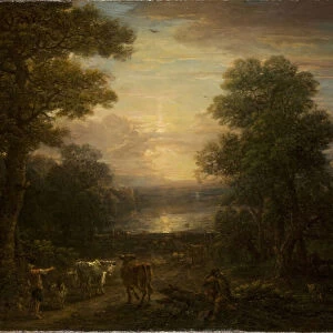 Drovers and their cattle at sunrise (oil on canvas)