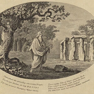 A druid taking cuttings with a scythe beside an ancient monument (engraving)