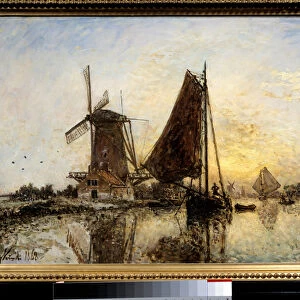 Dutch Landscape, Boats Near the Mill Painting by Jean Barthold Jongkind (1819-1891