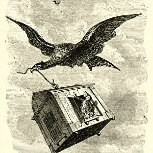 An eagle flies away with Gulliver and his house (engraving)