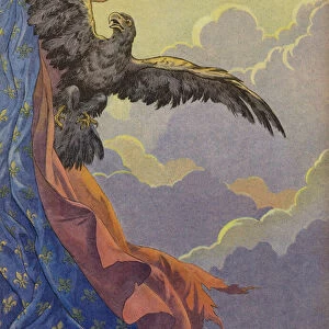 An eagle soaring into the sky (colour litho)